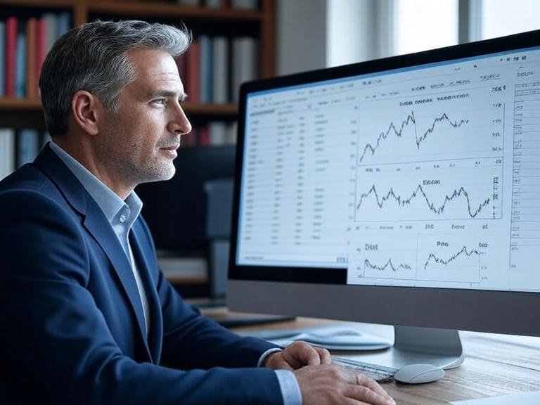man with grey hair and wearing a suit looking at the computer screen where stock candlestick patterns are being diplayed